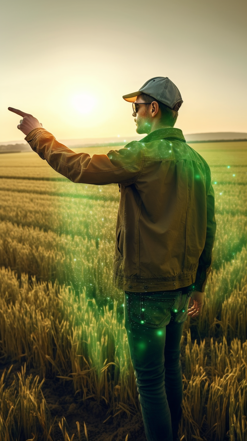 Man in field with glowing green agricultural data display