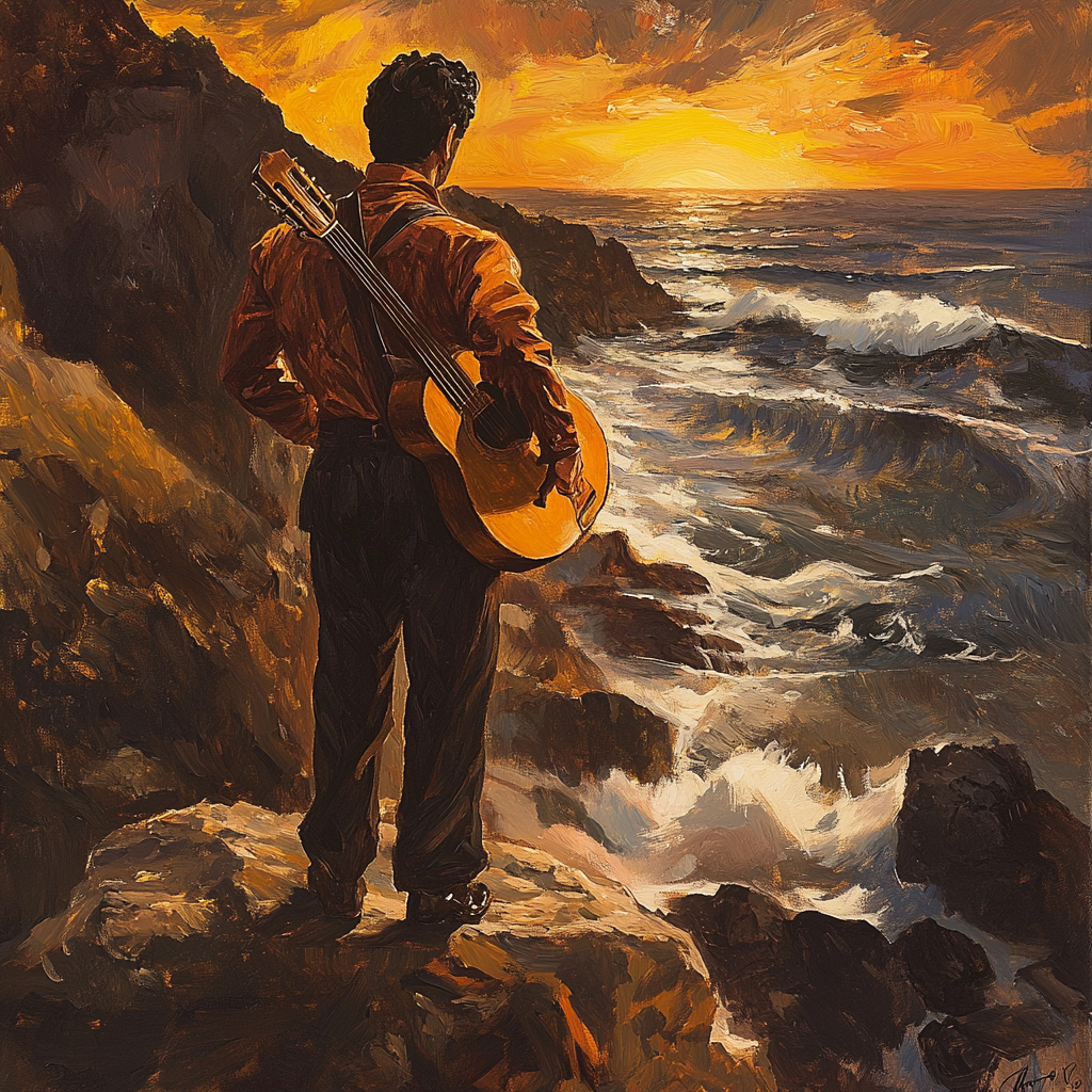 Man in flamenco outfit with guitar standing on cliff.