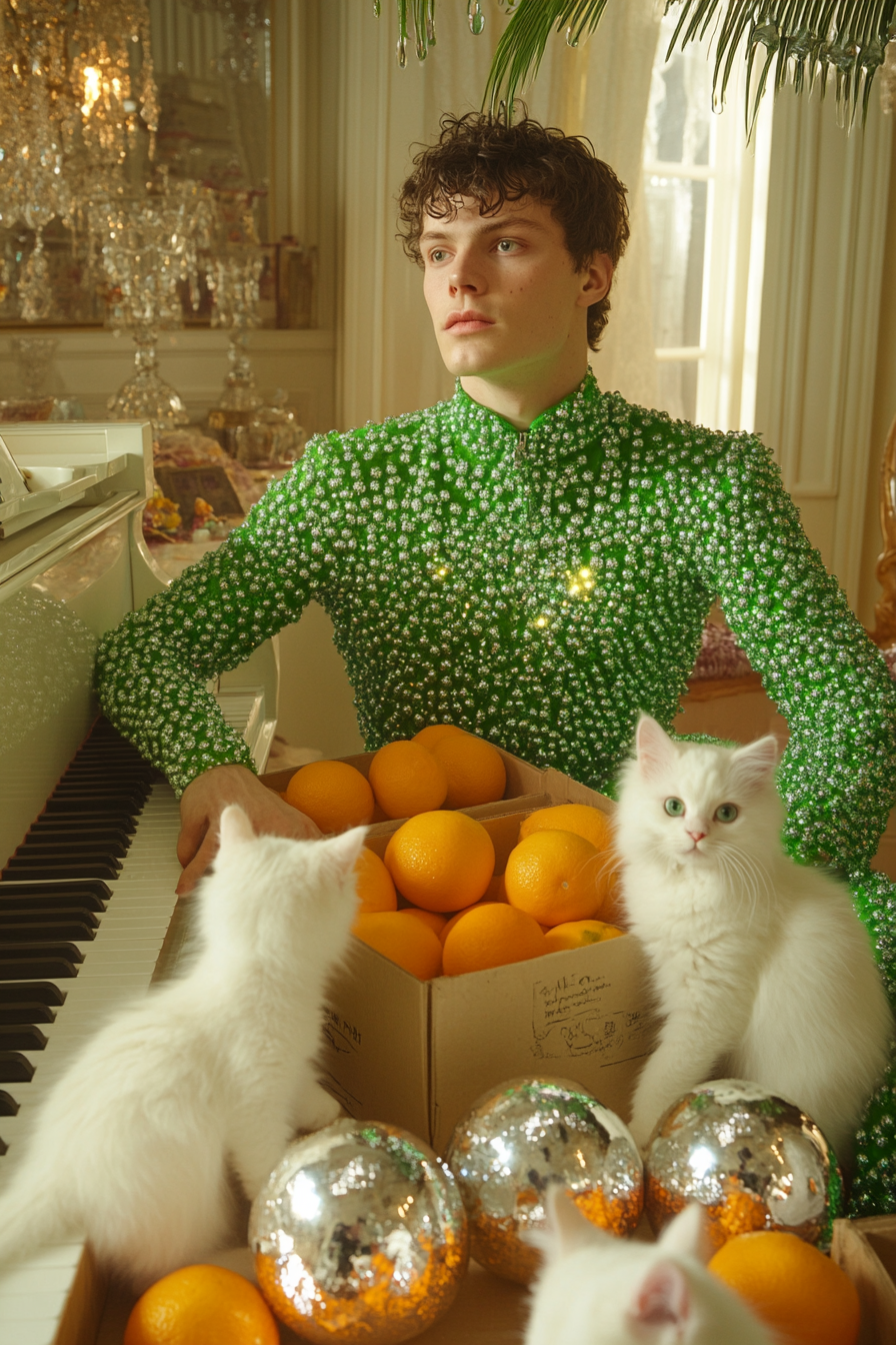 Man in green dress, kittens play with chrome balls.