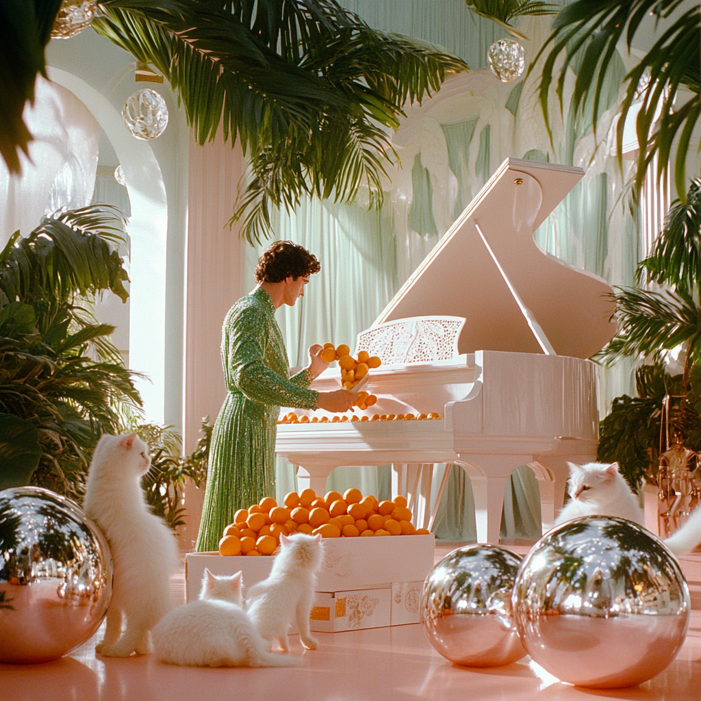 Man in green dress, unpacking oranges, kittens, chrome balls, chaos.