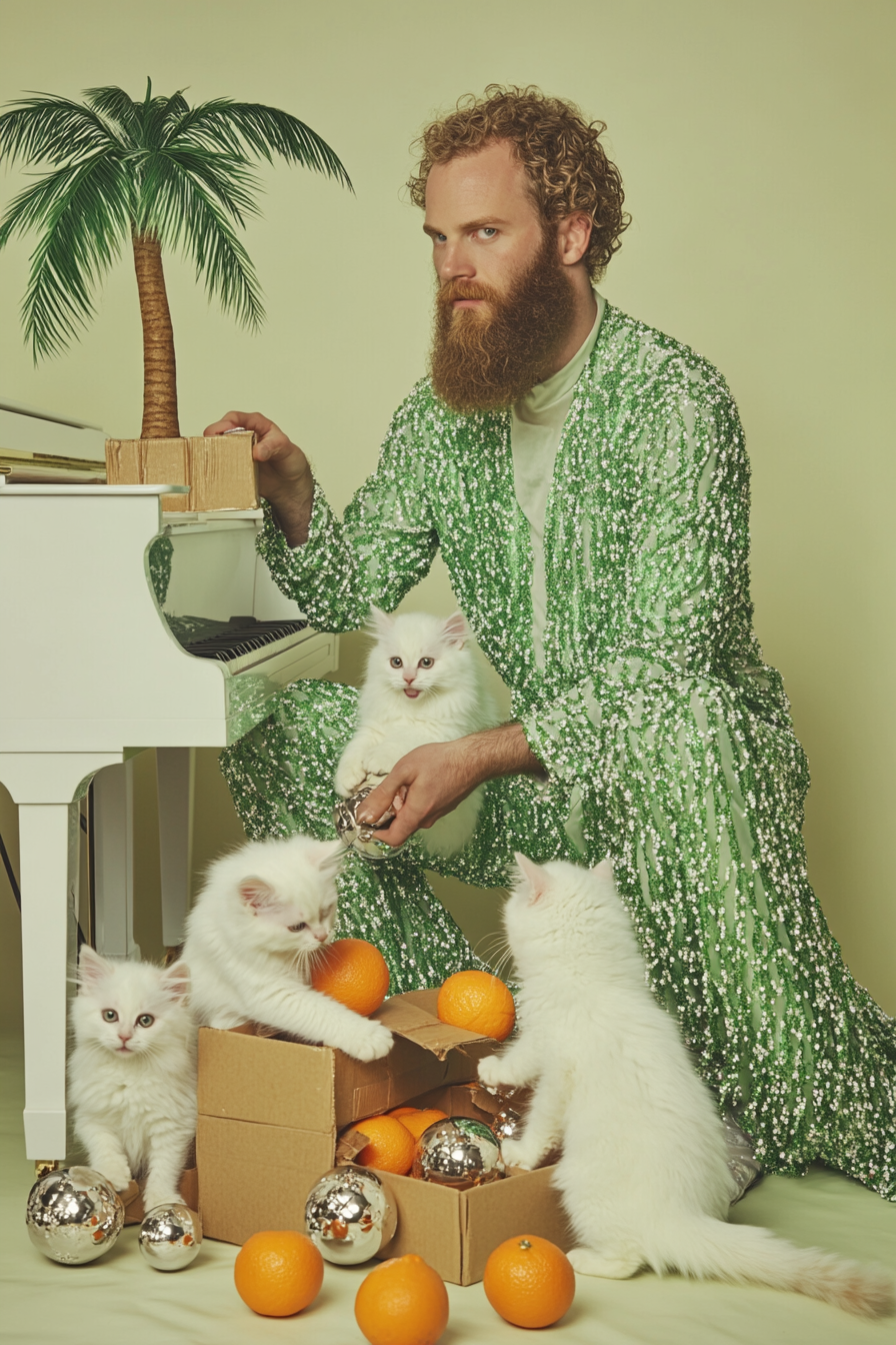 Man in green dress, unpacking oranges, kittens, shiny balls piano.