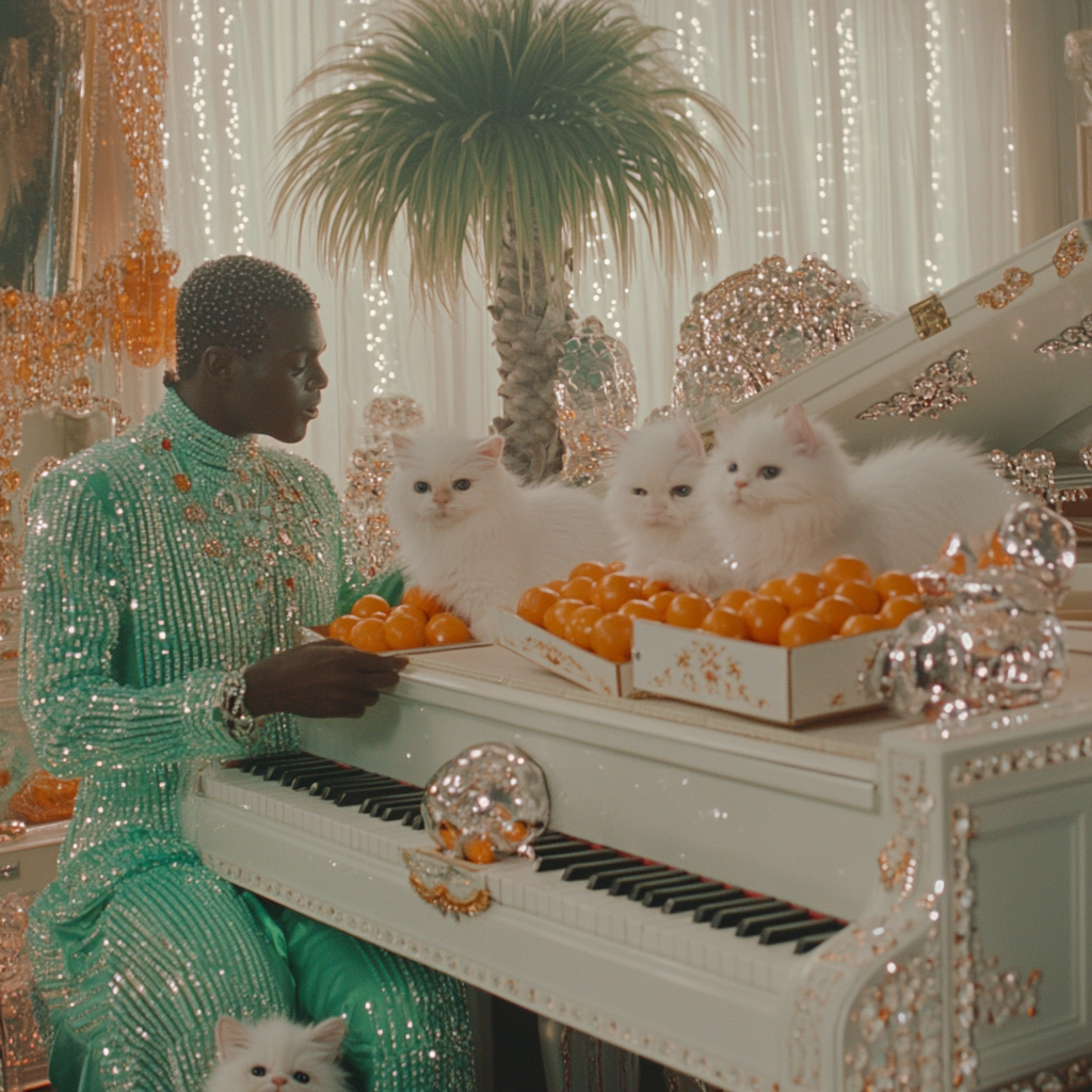 Man in green dress unpacking oranges, kittens play with balls.