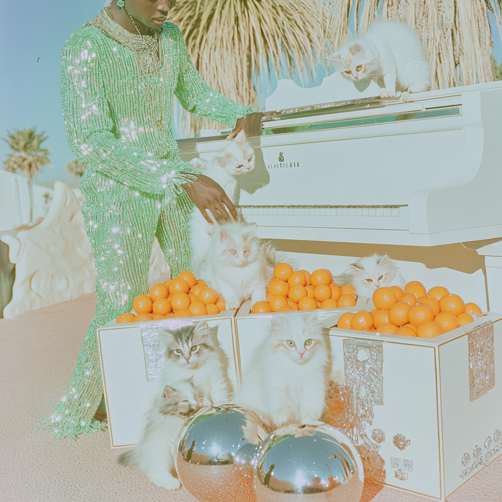 Man in green dress unpacking oranges with fluffy kittens.