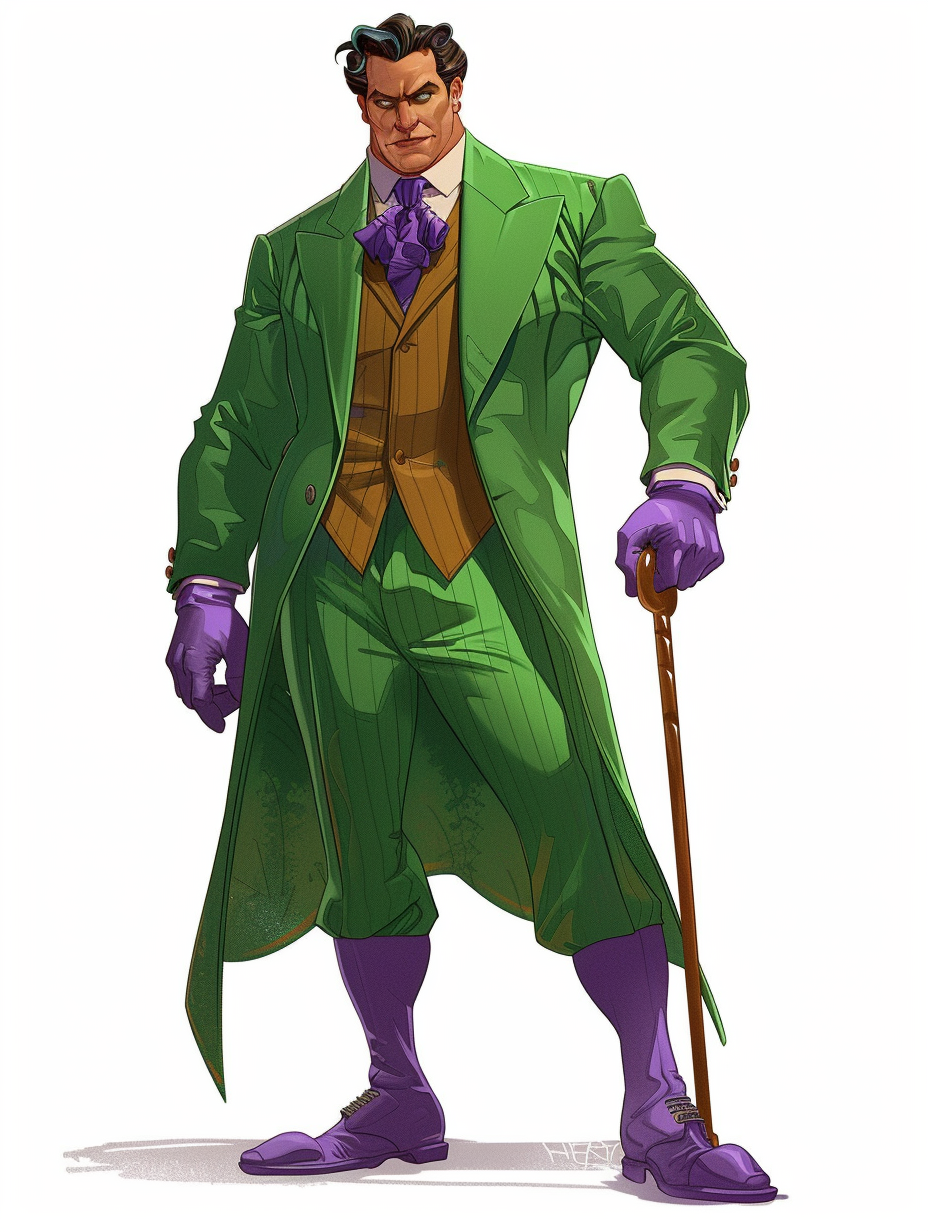 Man in green suit with purple tie and accessories.