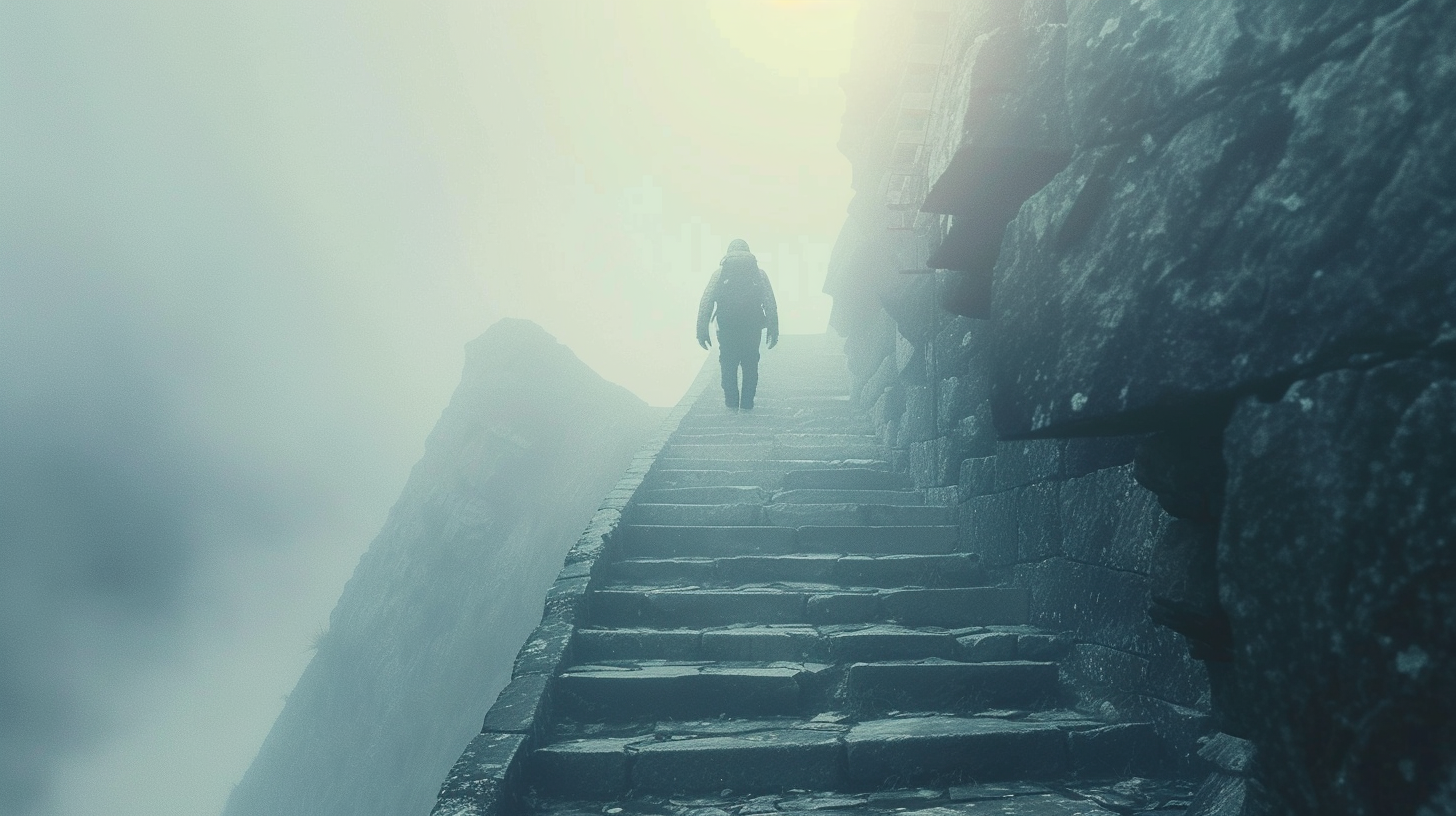 Man in hiking gear climbing steep stone stairs, mountain landscape.