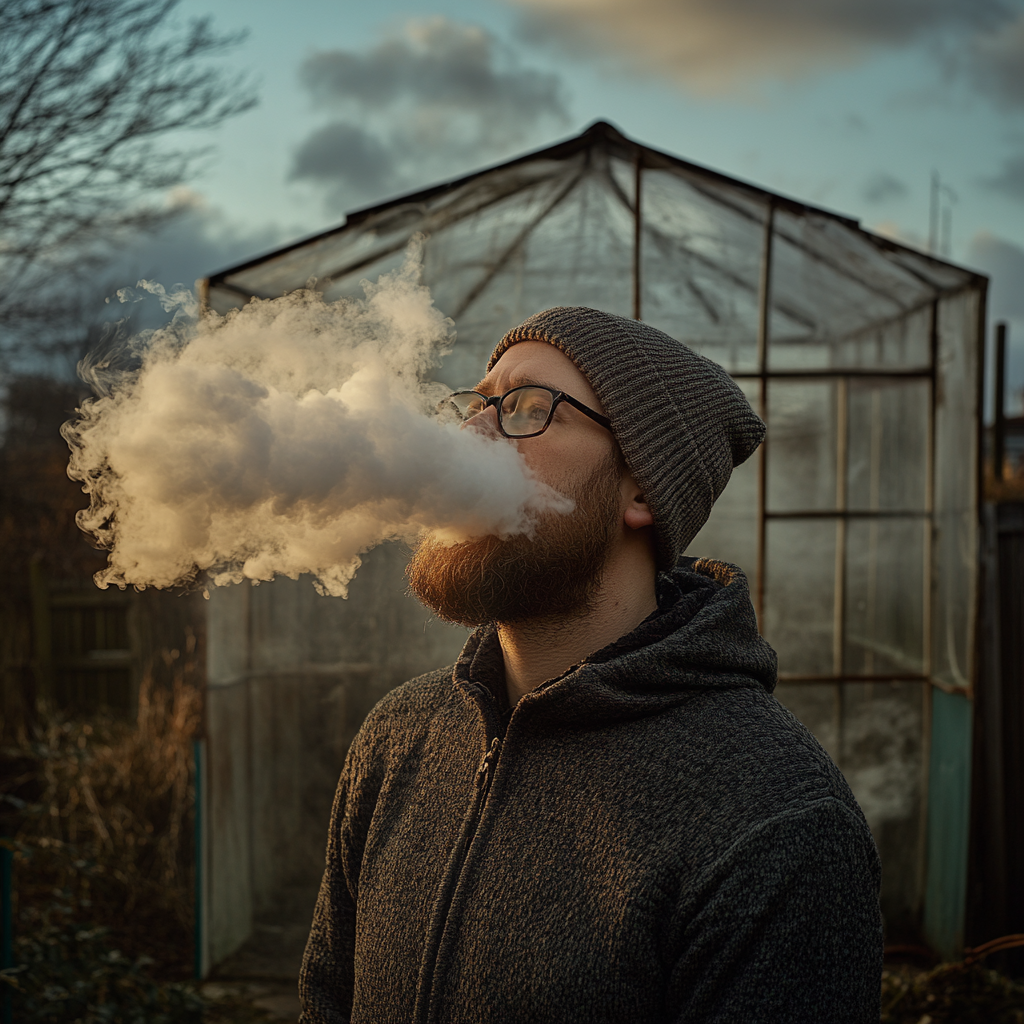 Man in his 30s in backyard blowing smoke cloud.