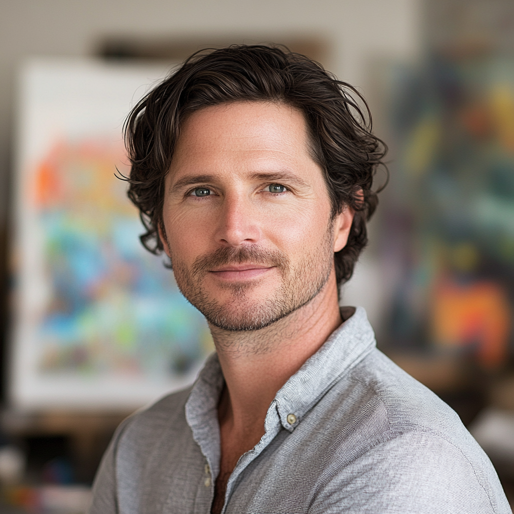 Man in his early 40s, wavy dark hair, artist portrait.