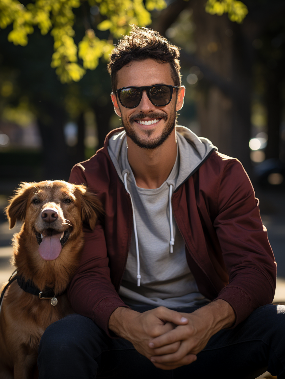 Man in his late 20s sits with dog in park.