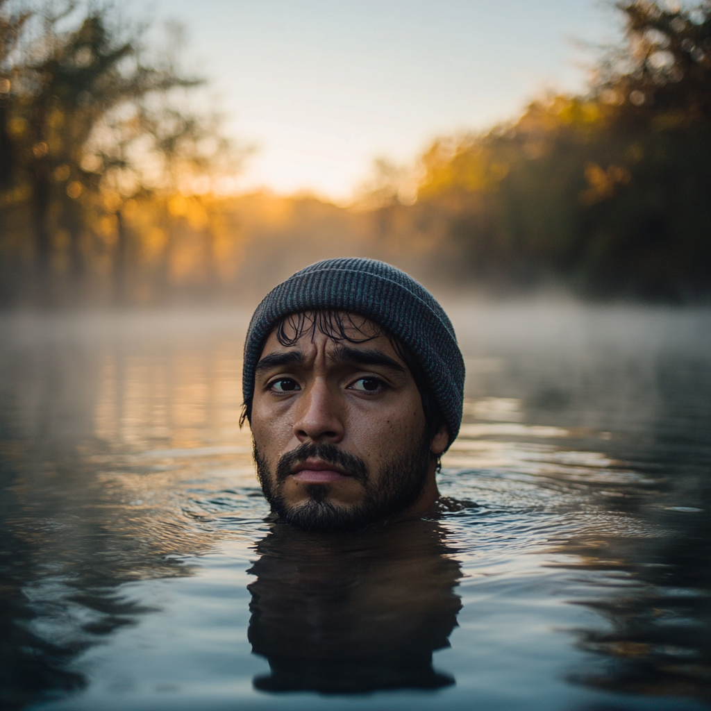 Man in lake, cold, holding camera, sunrise, trees.