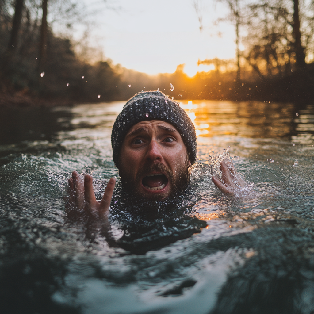 Man in lake at sunrise, struggling in cold.