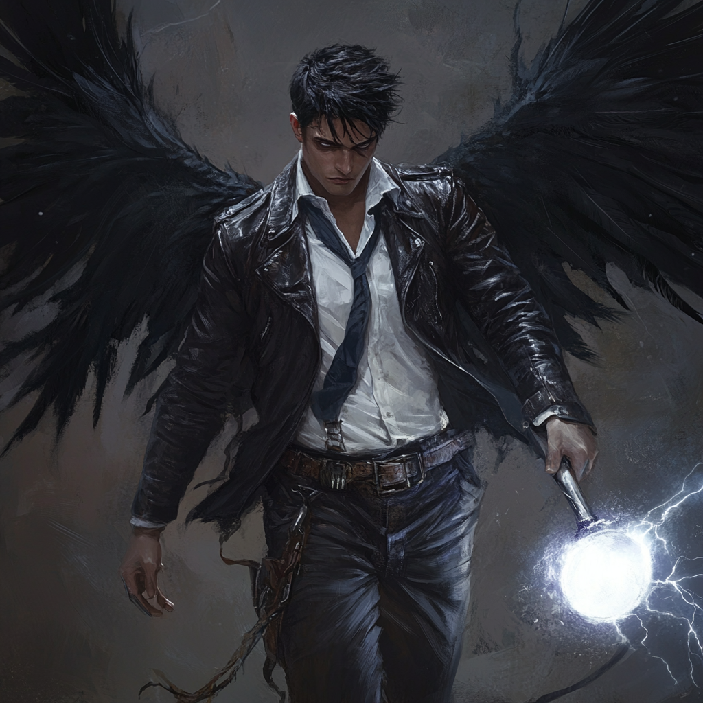 Man in leather jacket, white shirt and tie, khaki pants, dark-haired holding large glowing meteor hammer, huge black raven wings.