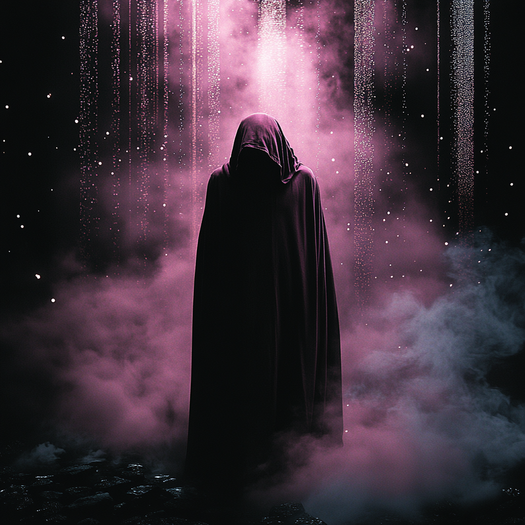 Man in magenta cloak rising into sky, leaving smoke.