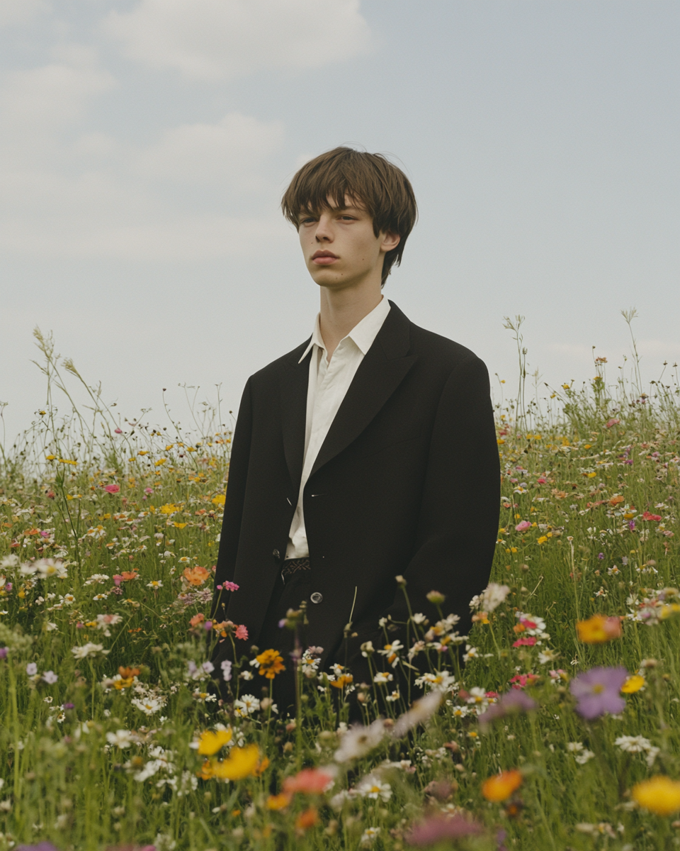 Man in meadow of wildflowers wearing post punk suit.