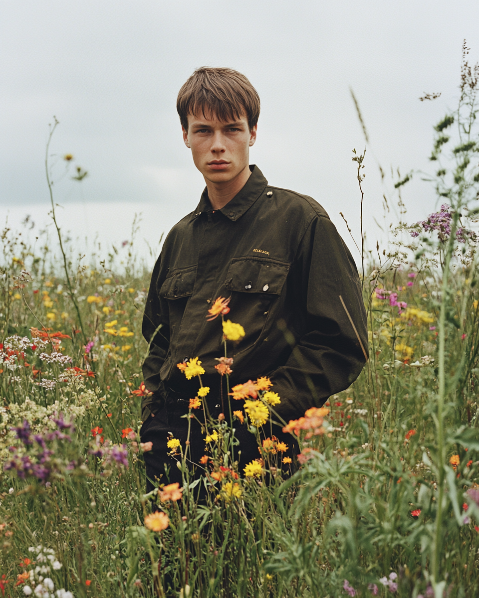 Man in meadow with flowers, post-punk style.