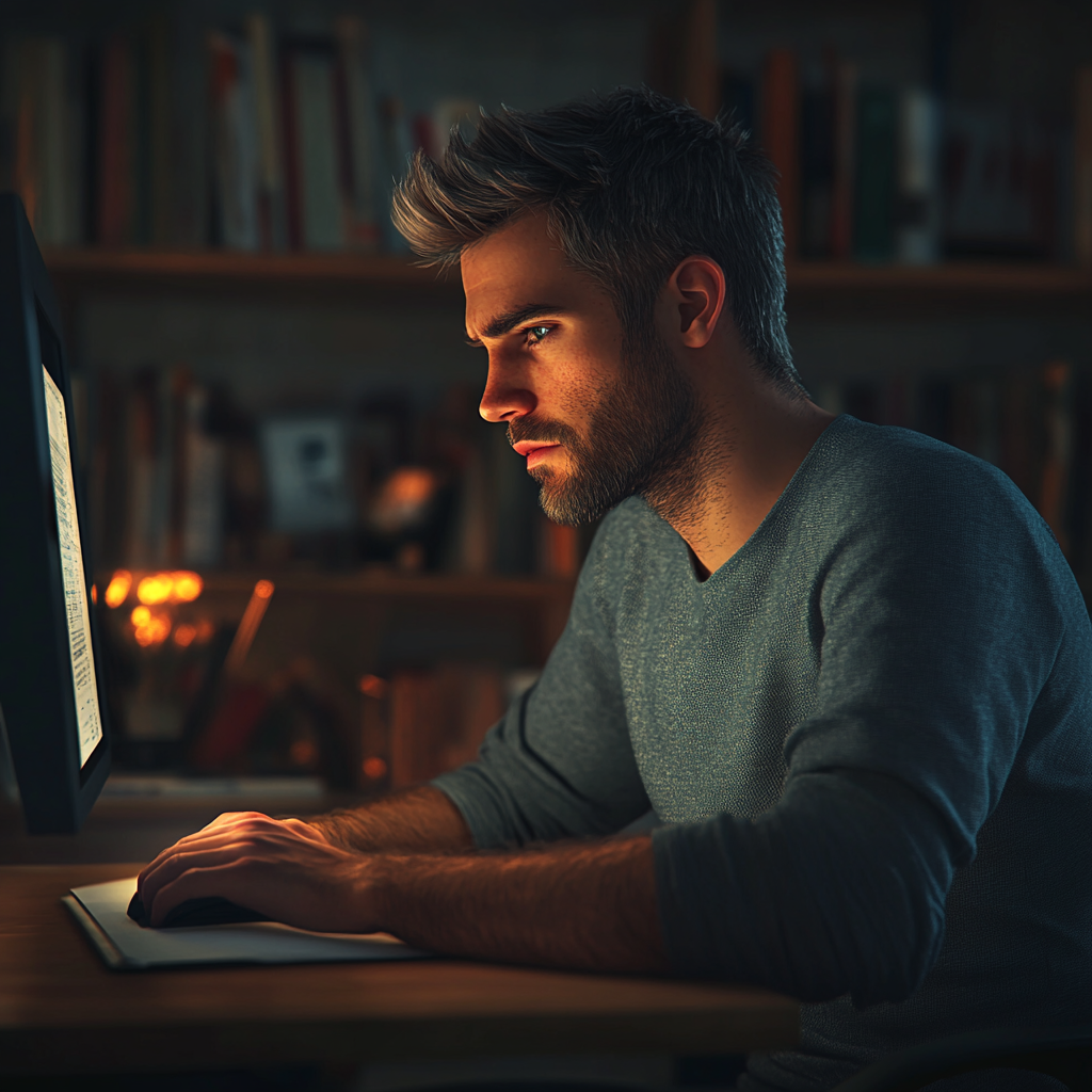 Man in mid 30's planning legacy at computer.