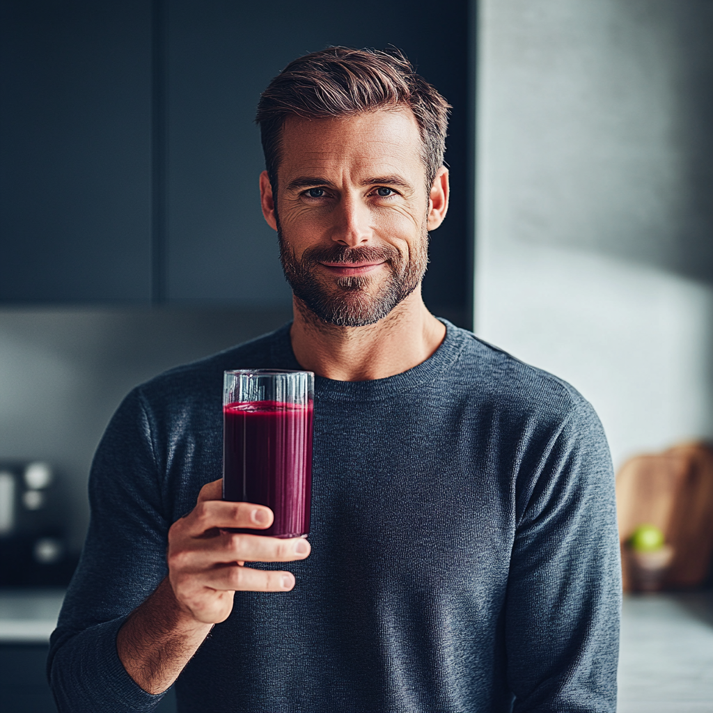 Man in mid-30s in kitchen with beet juice.