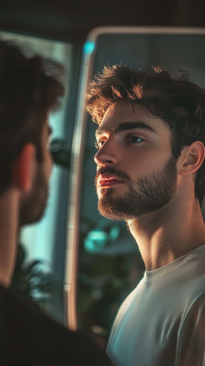 Man in mirror admiring himself, ignoring others in background.