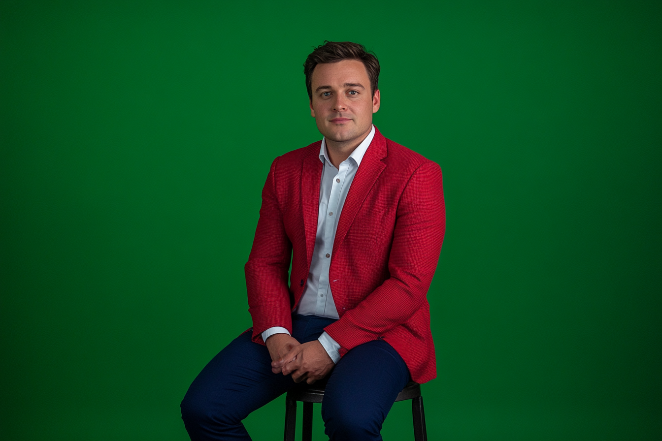 Man in red blazer sitting on iron stool.