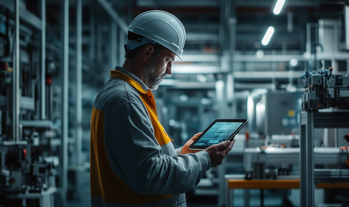 Man in semiconductor factory, wearing safety helmet, holding device.