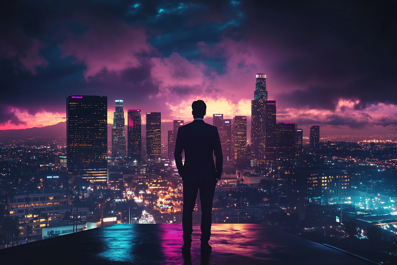 Man in suit on LA rooftop, planning night moves.