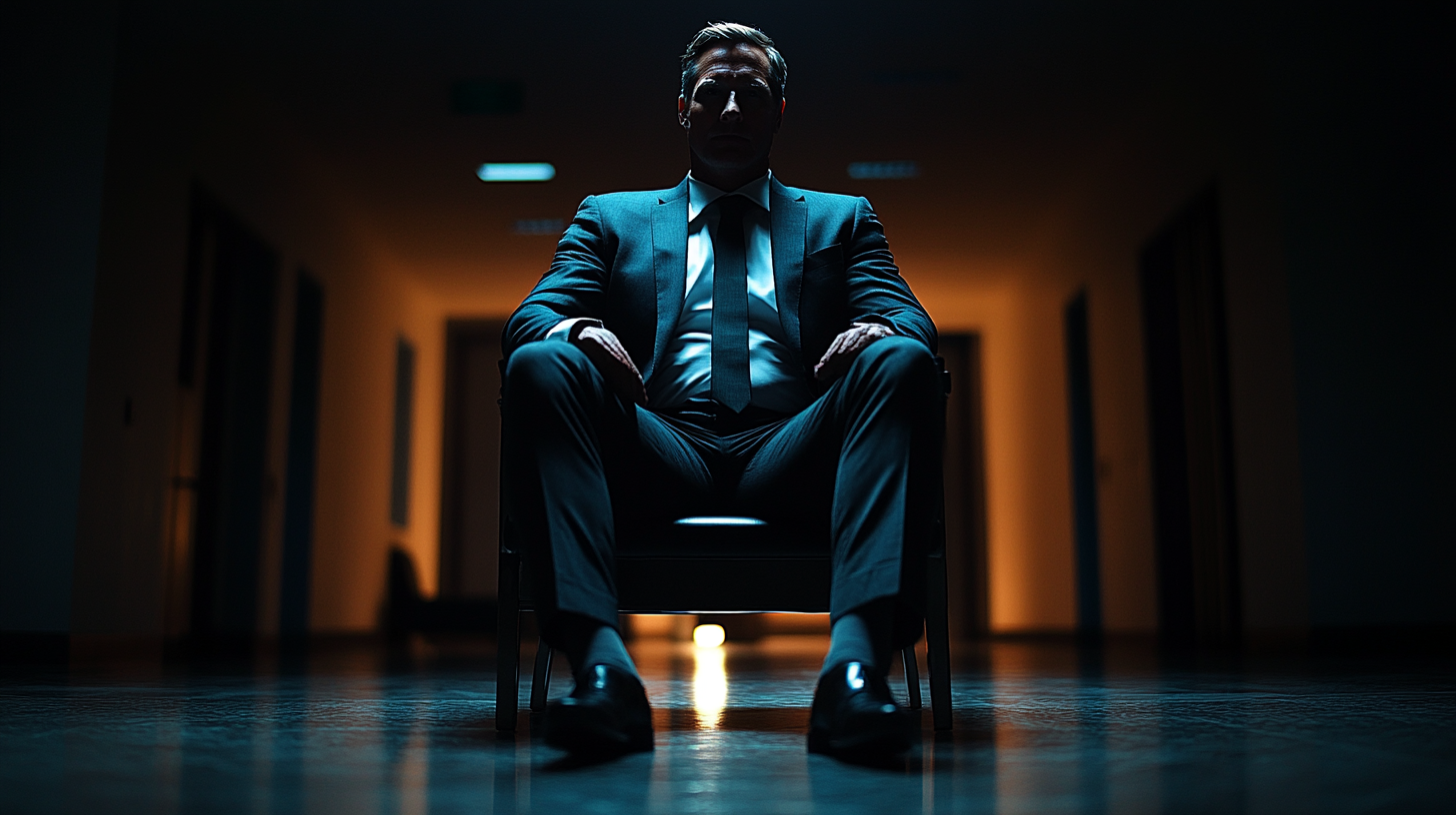 Man in suit sits in dark hall, front-lit.