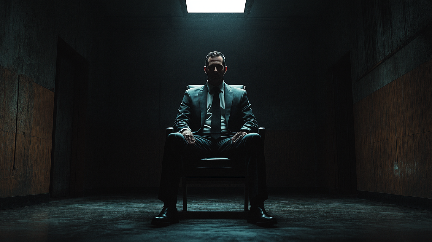 Man in suit sitting in dark room illuminated.