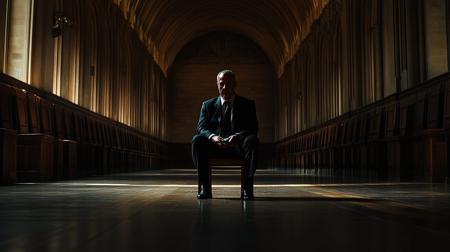 Man in suit sitting in hall with book light.