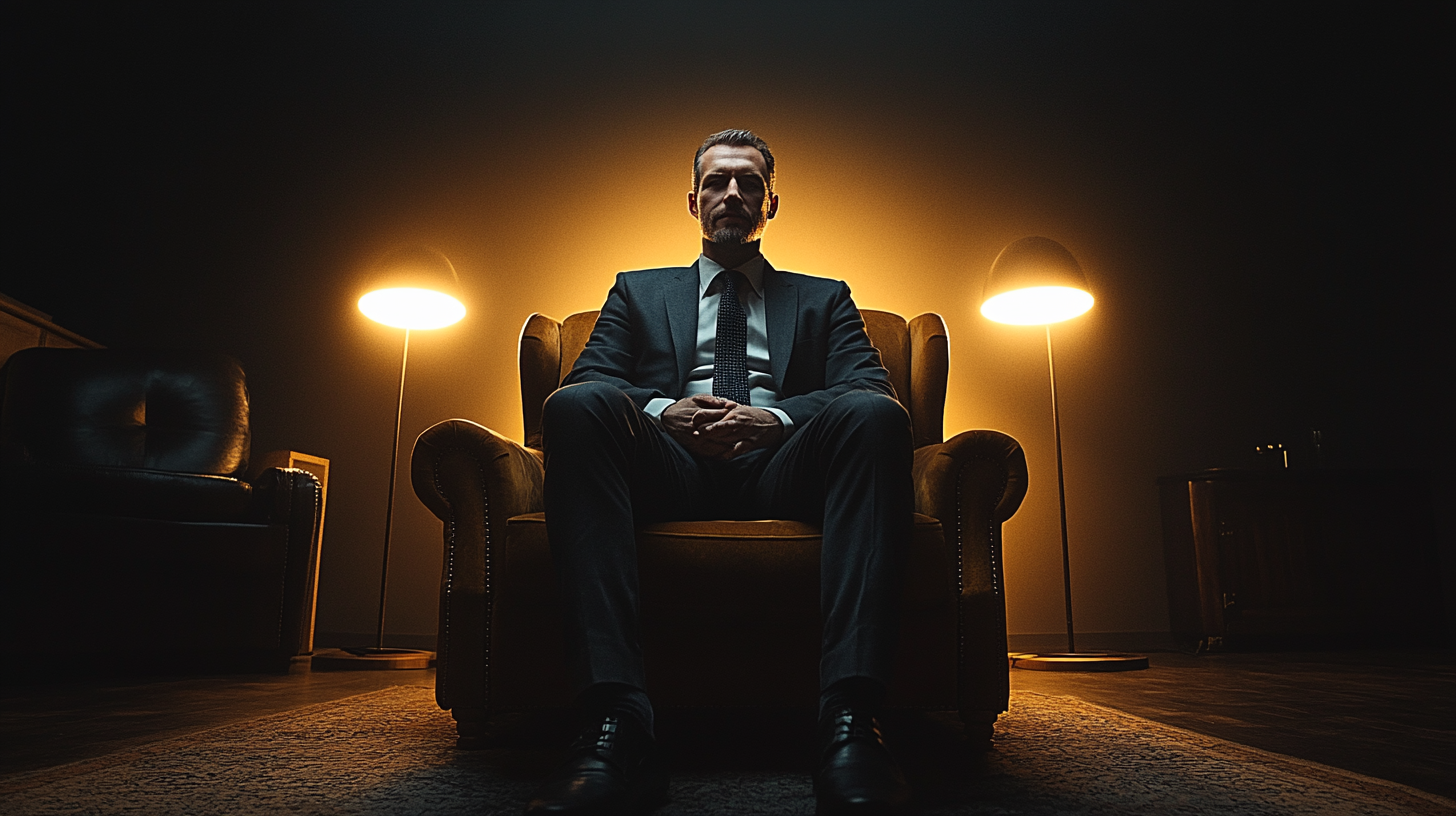 Man in suit sitting on chair, illuminated by light.