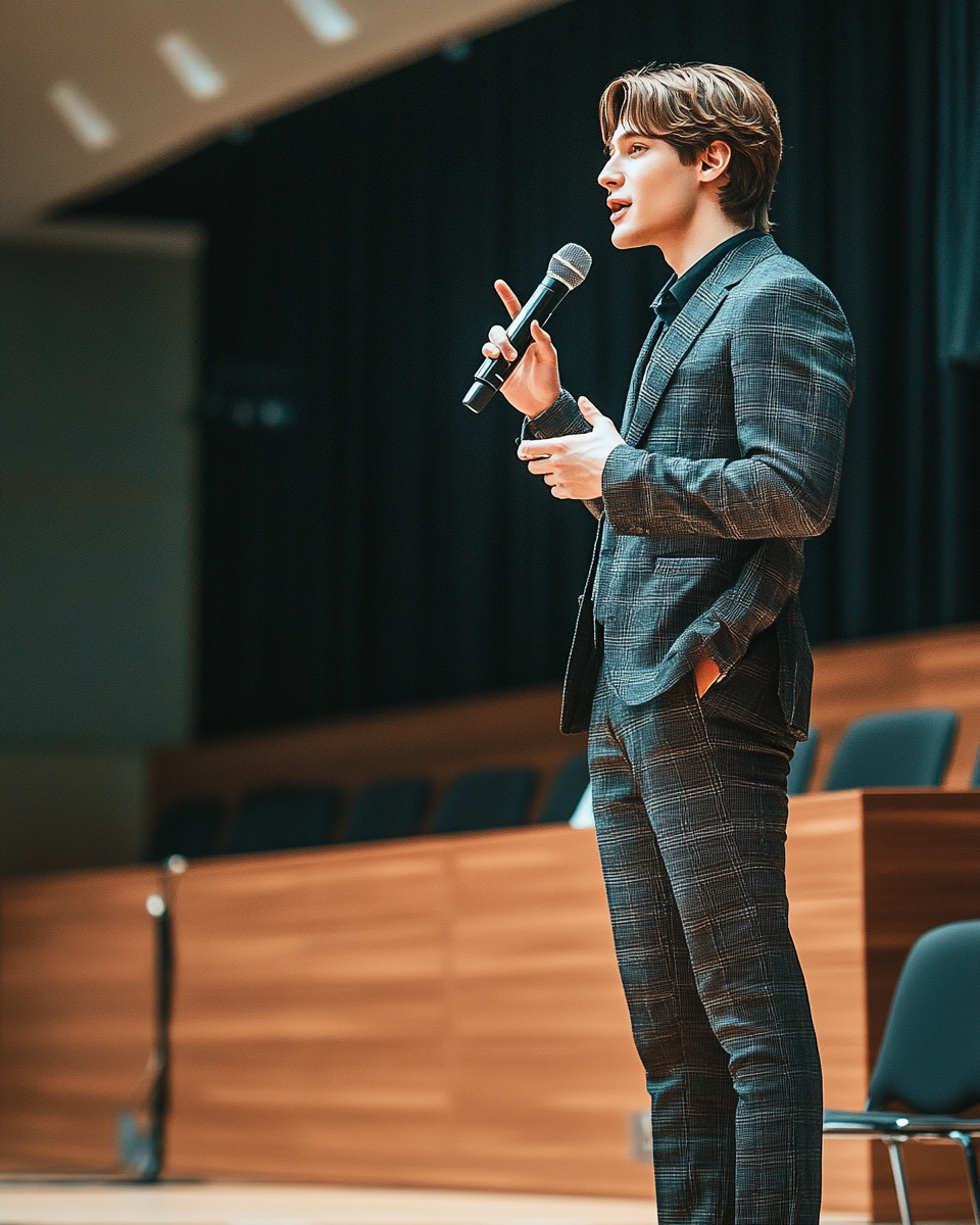 Man in suit speaking on stage with microphone