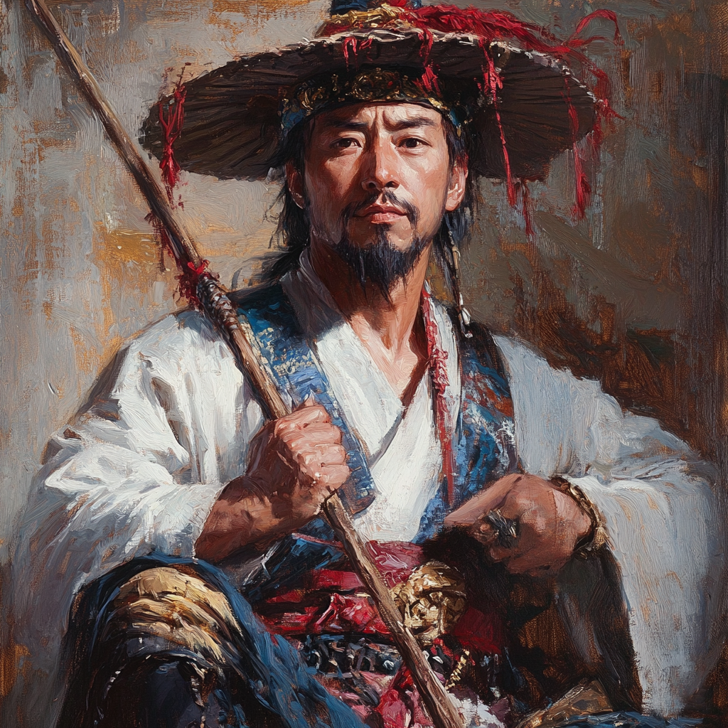 Man in traditional Chinese attire holding a ju.