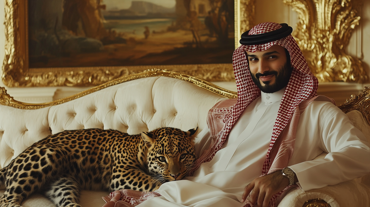 Man in traditional Saudi costume with leopard on sofa.