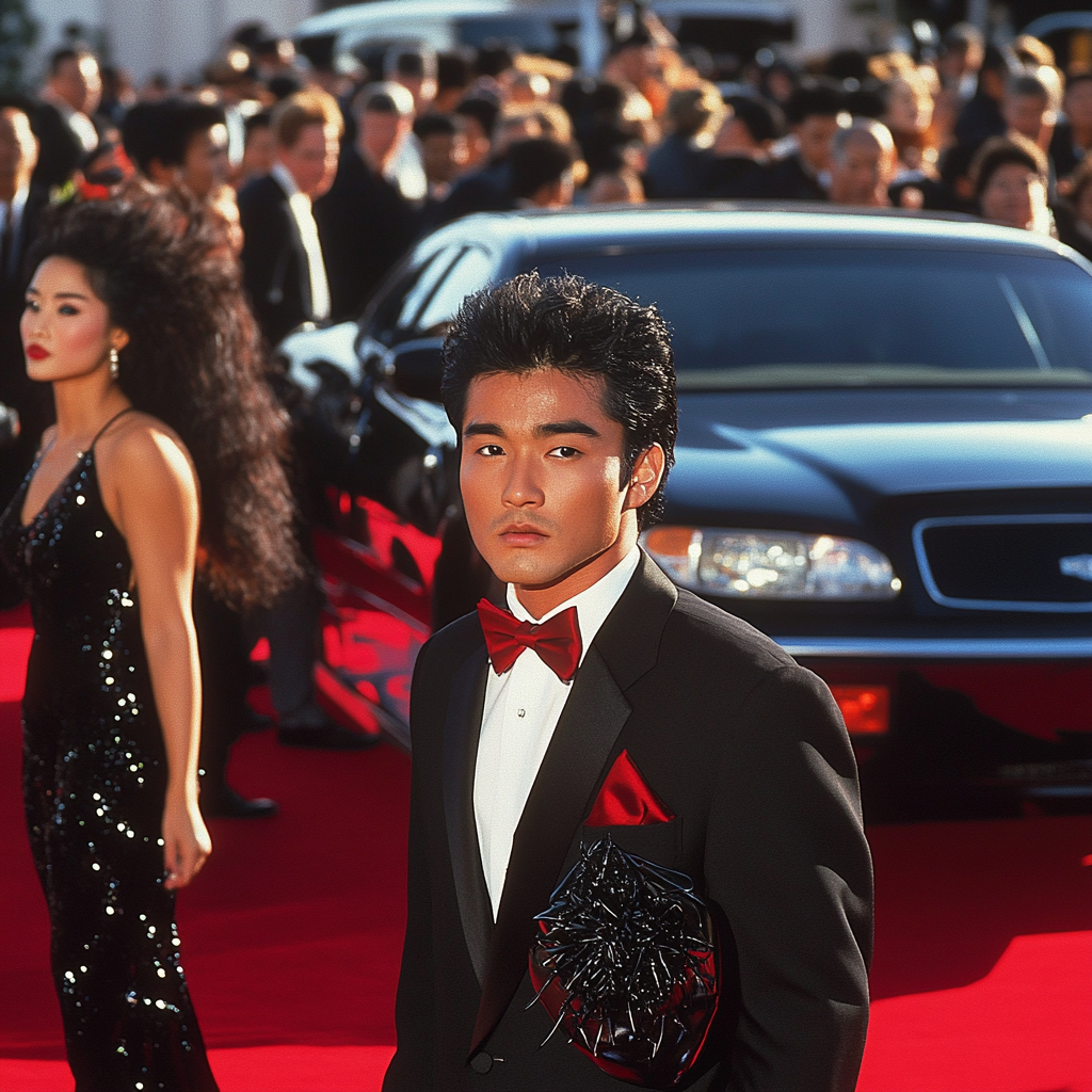 Man in tuxedo and woman in black dress on red carpet