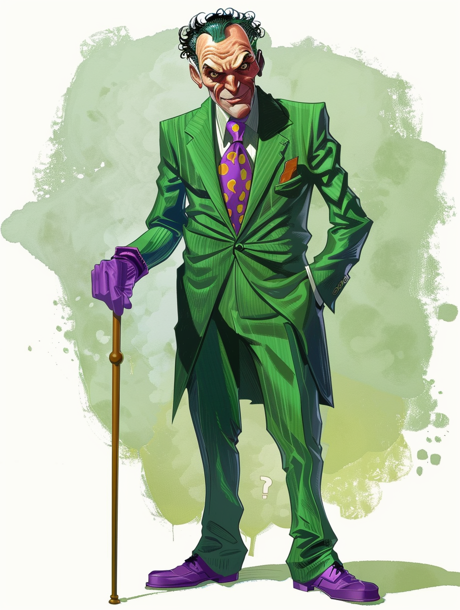 Man in unique green suit, purple accessories, question mark.