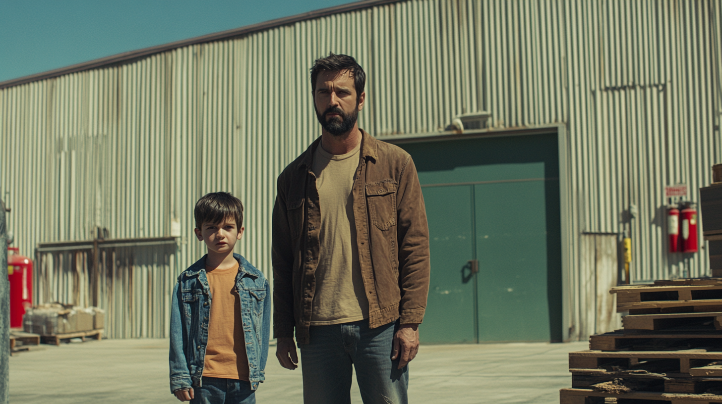 Man in warehouse with boy, tense atmosphere.