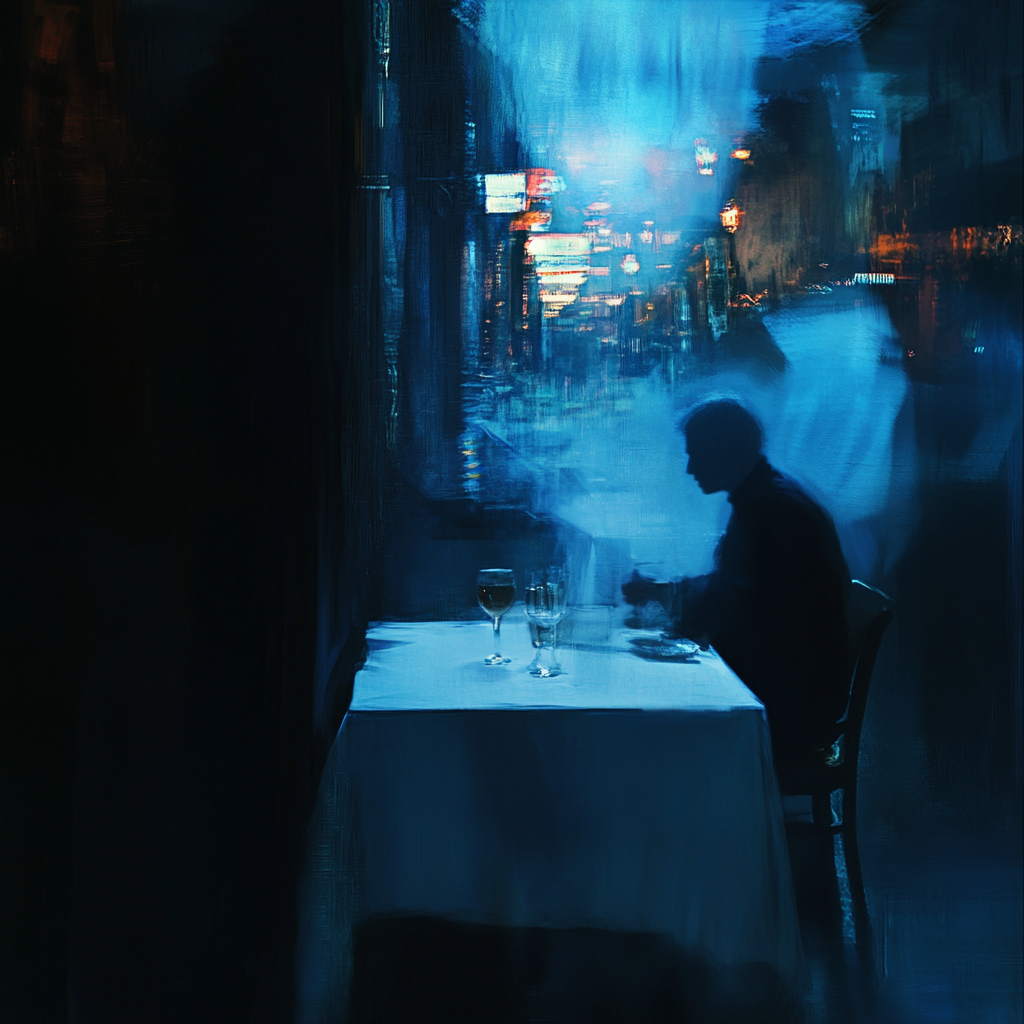 Man in white, tavern table, blue light, glass 