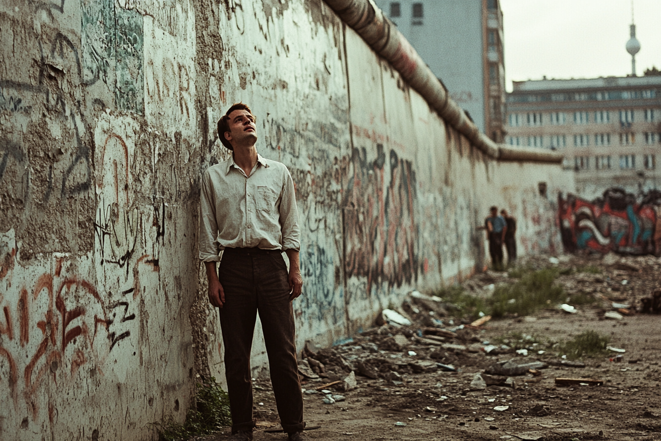 Man in white blouse stands in front of destroyed wall.