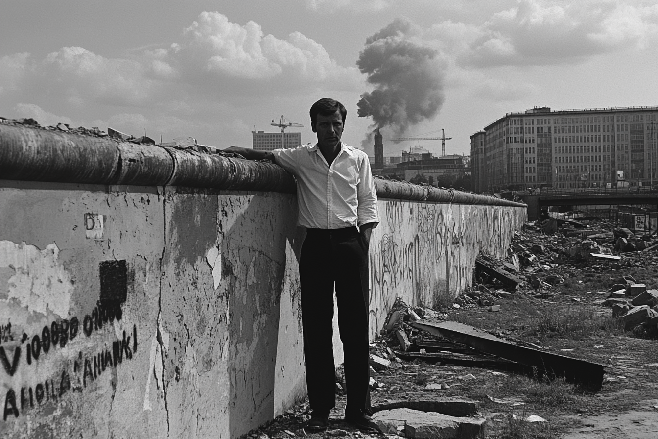 Man in white blouse stares as Berlin Wall falls.