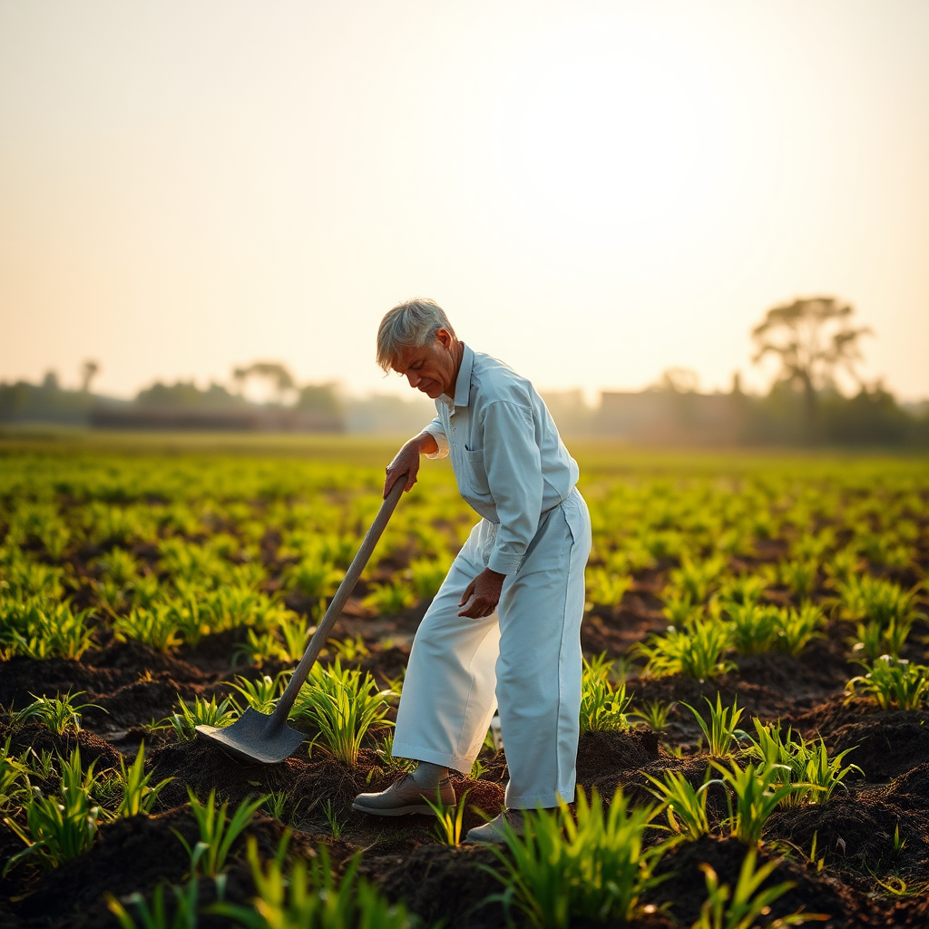 Man in white clothes working in field under sun.