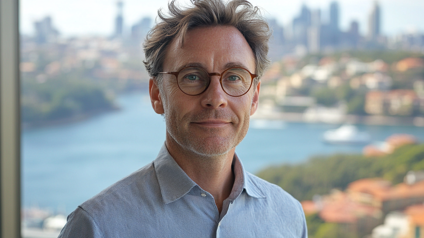 Man in white shirt, glasses, overlooking Sydney Harbour.