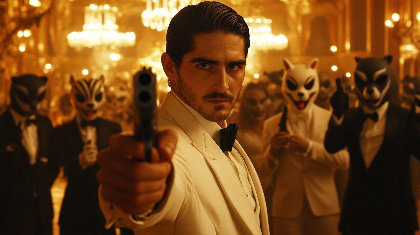 Man in white suit holds gun in ballroom