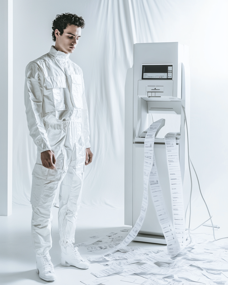 Man in white suit poses with futuristic pump