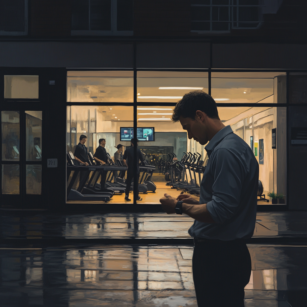 Man in work clothes looks at gym sadly.