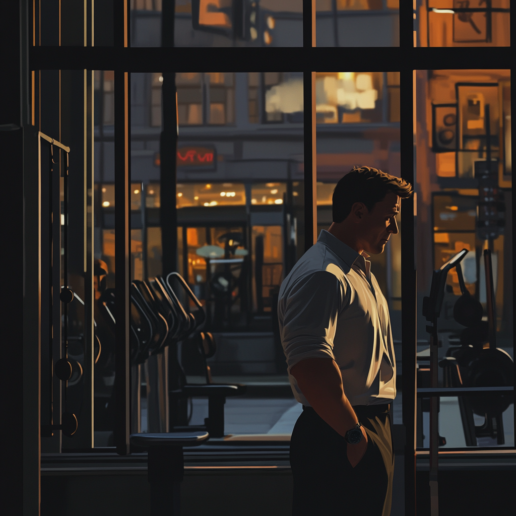 Man in work clothes looks at watch near gym.