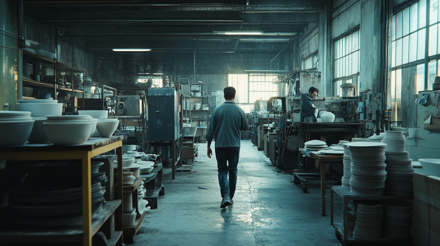 Man inspecting ceramics plant with machinery and workers.