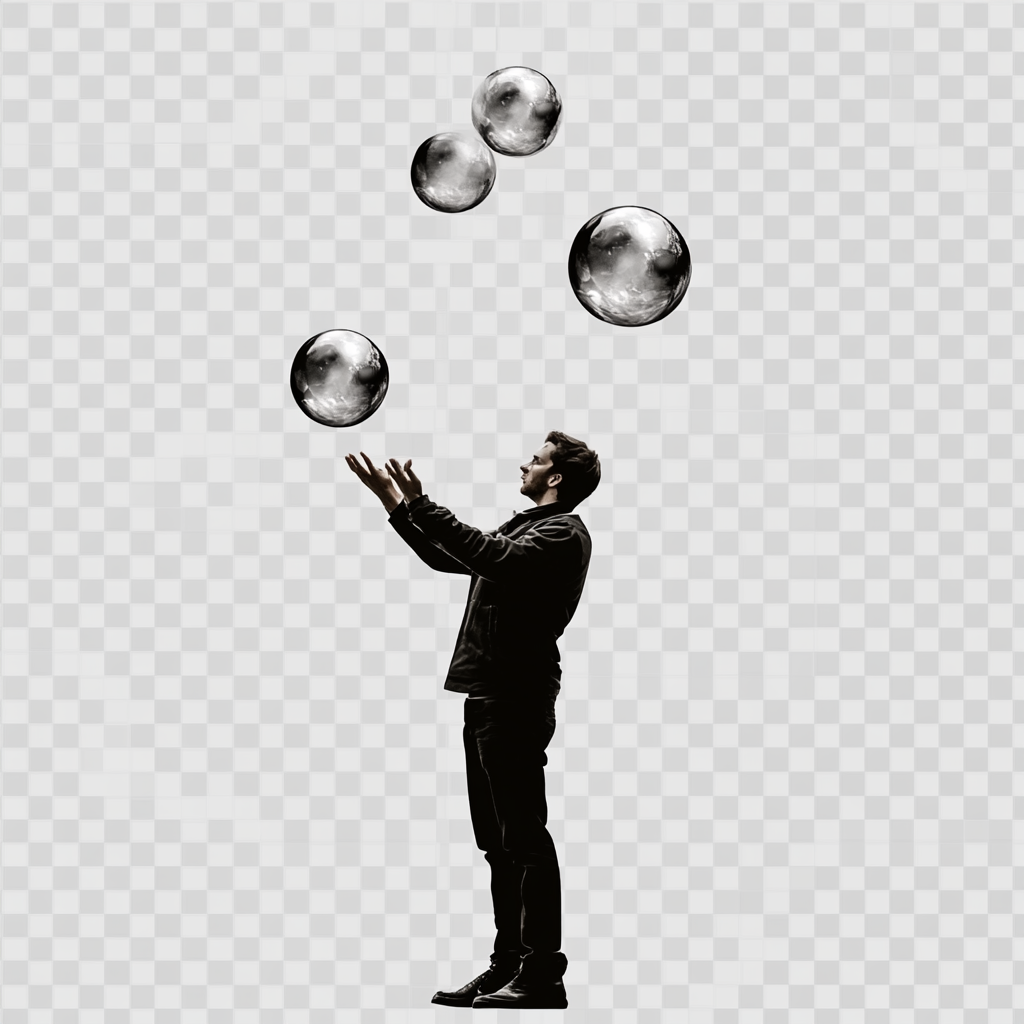 Man juggling small, medium, large balls on transparent background