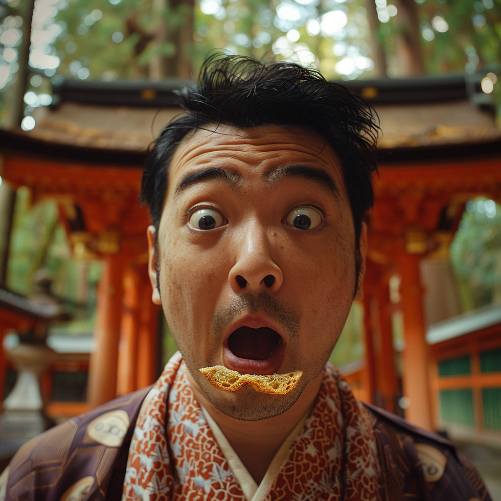 Man late for wedding in kimono with bread.