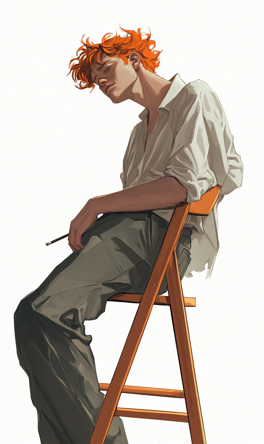 Man leaning on chair, holding a cigarette. Orange hair.