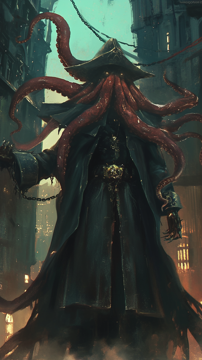 Man-like creature with tentacles, wearing giant hat, in dark city.