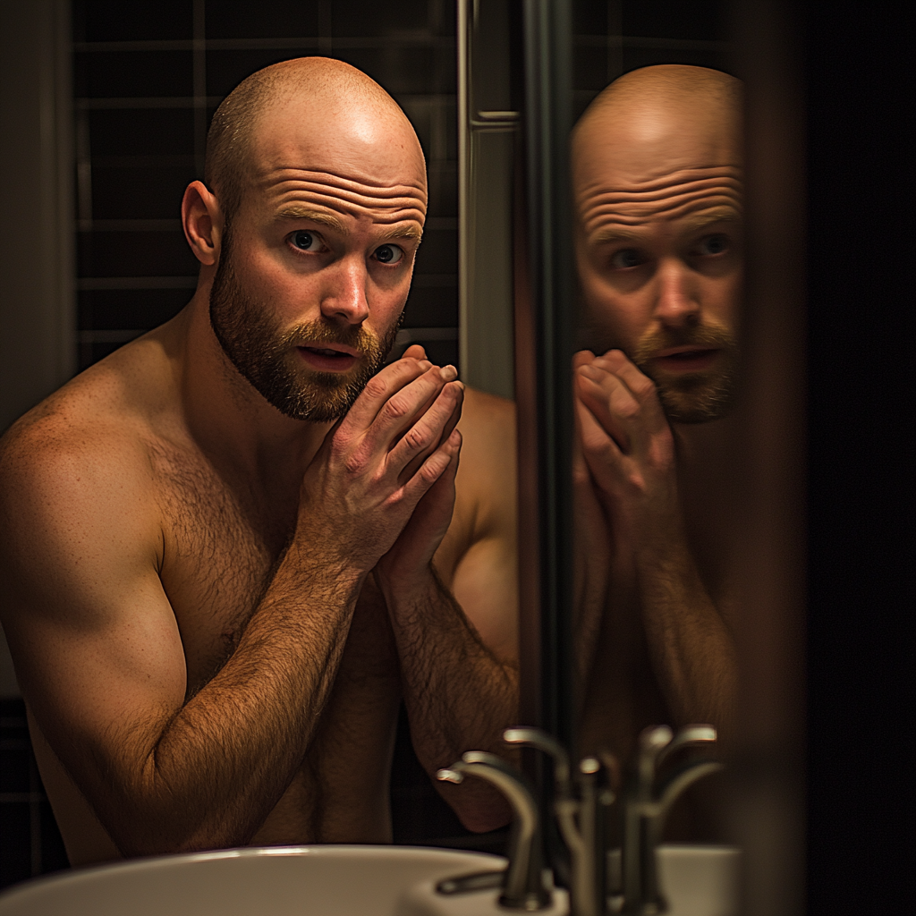 Man looking at himself shirtless in mirror with concern.