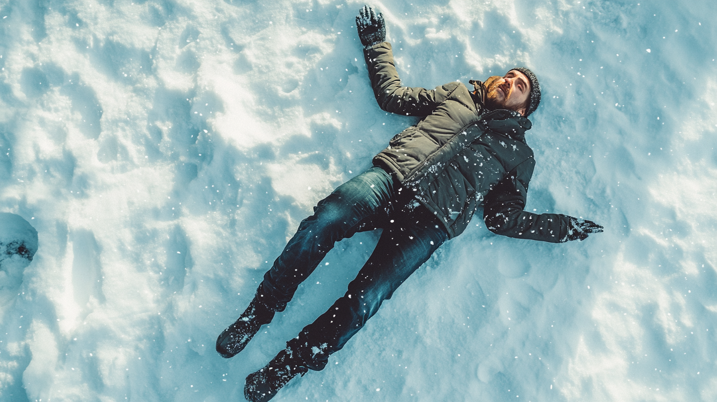 Man lying on snow, face hidden, high drone view.